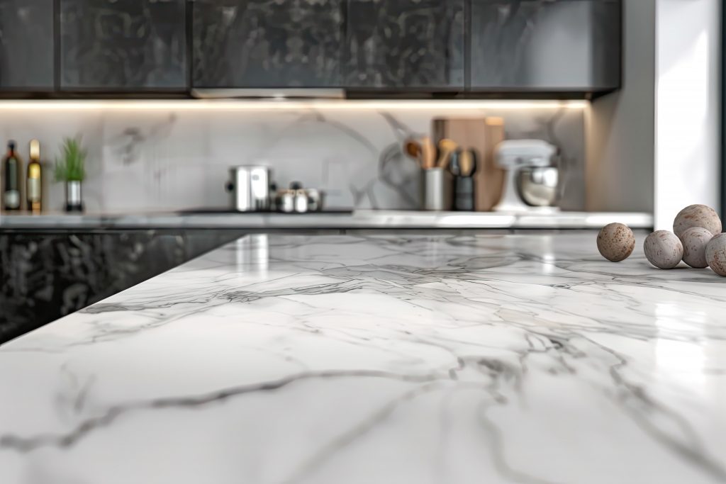 modern marble white kitchen countertop with copy space